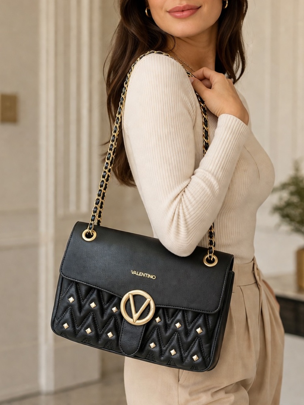 Valentino V Logo Bree D Sauvage Stud Flap Shoulder Bag